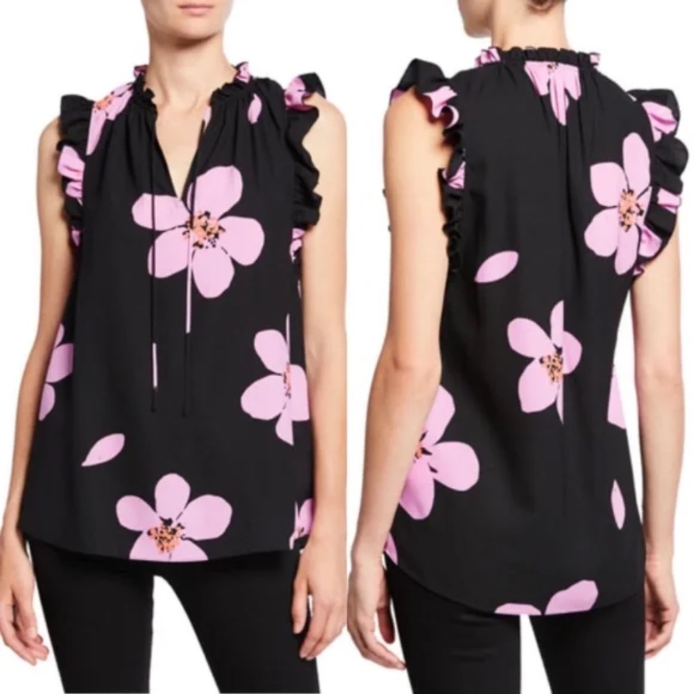 Kate Spade ruffle trim Grand Flora sleeveless top tie neck large scale floral